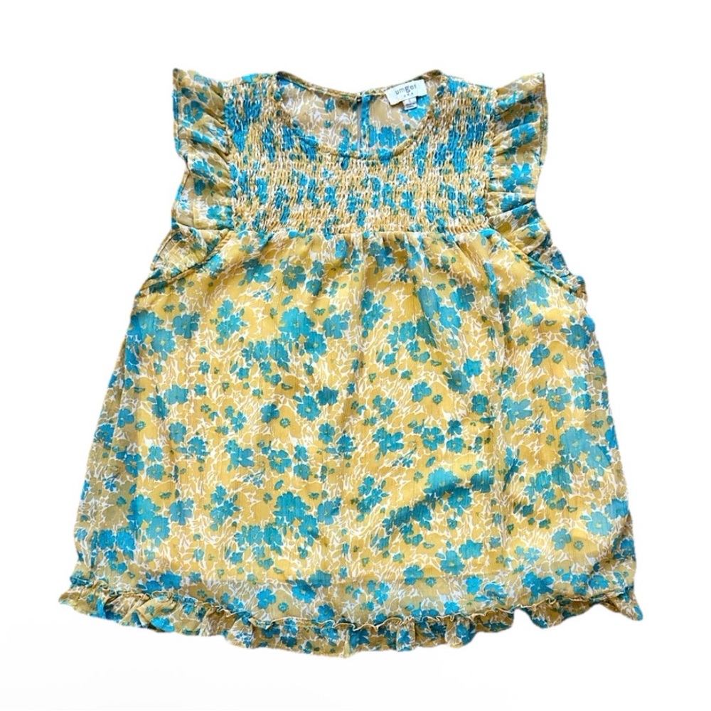 Umgee Flutter Sleeve Blouse Women’s Large Yellow Blue Metallic Floral Smocked